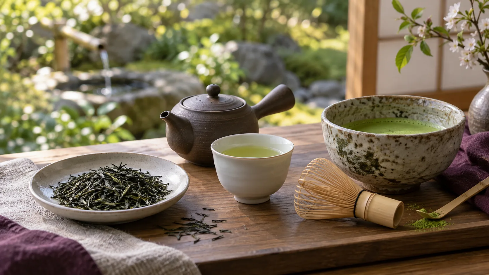 Chinese green tea leaves and a glass gaiwan