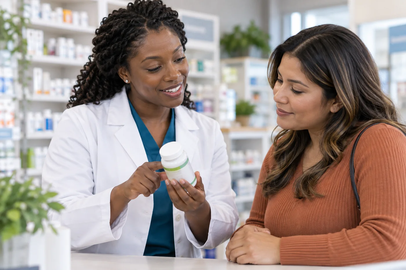 A pharmacist discussing a supplement label with a visitor
