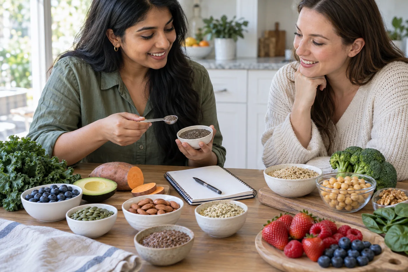 Two stylish adults comparing colourful whole-food ingredients