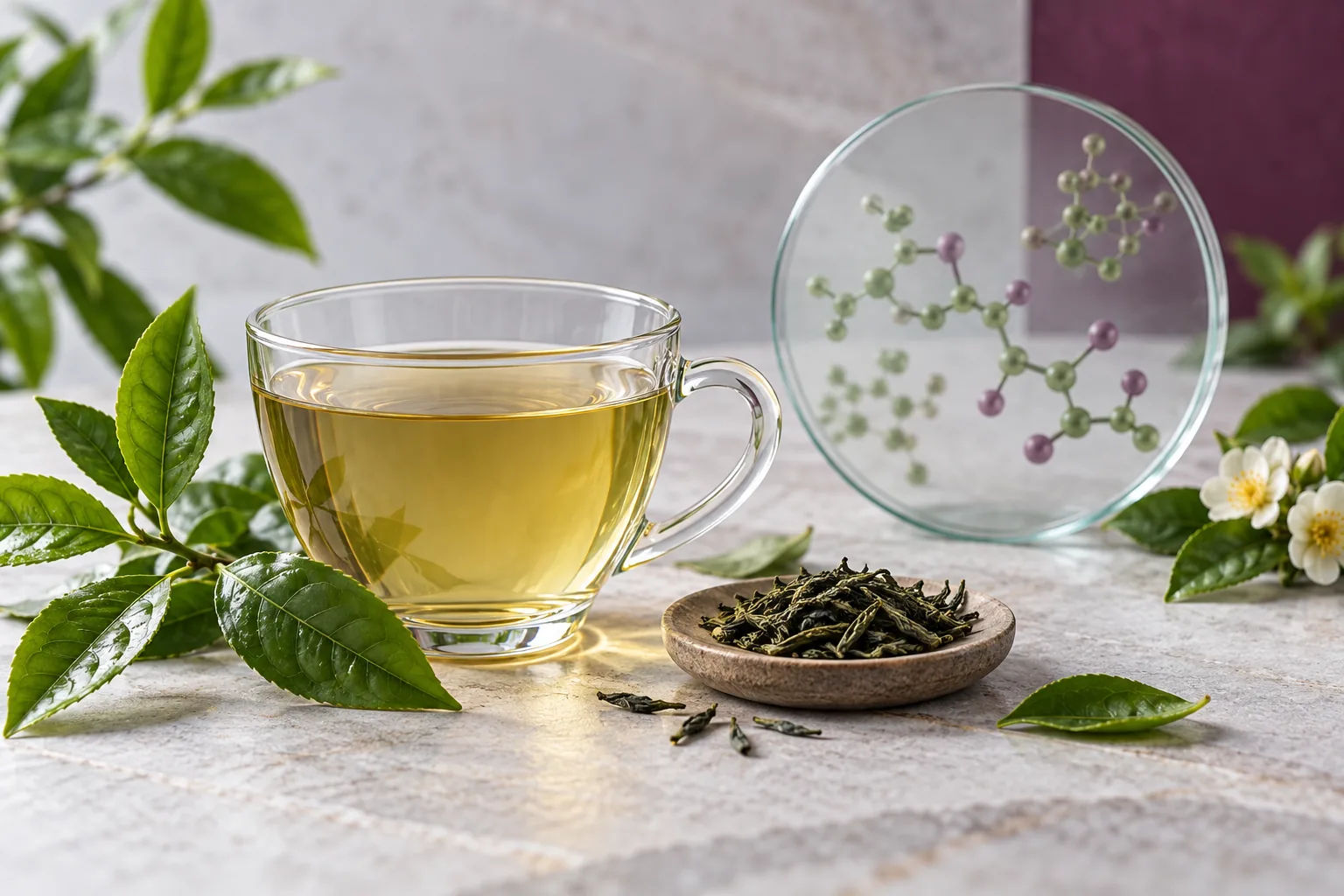 Green tea leaves and a cup representing catechins