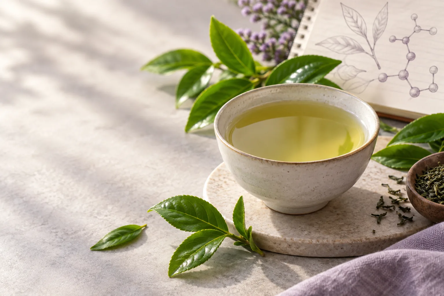 Green tea leaves and a cup of tea representing L-theanine