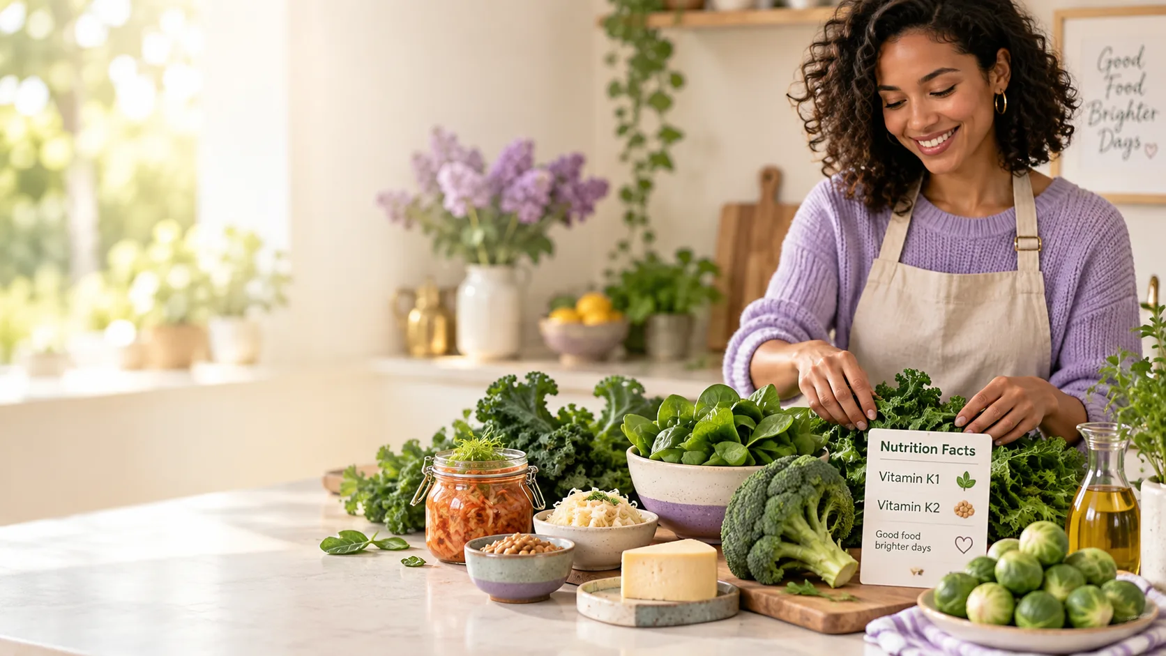 Person preparing leafy greens and fermented foods for a vitamin K guide