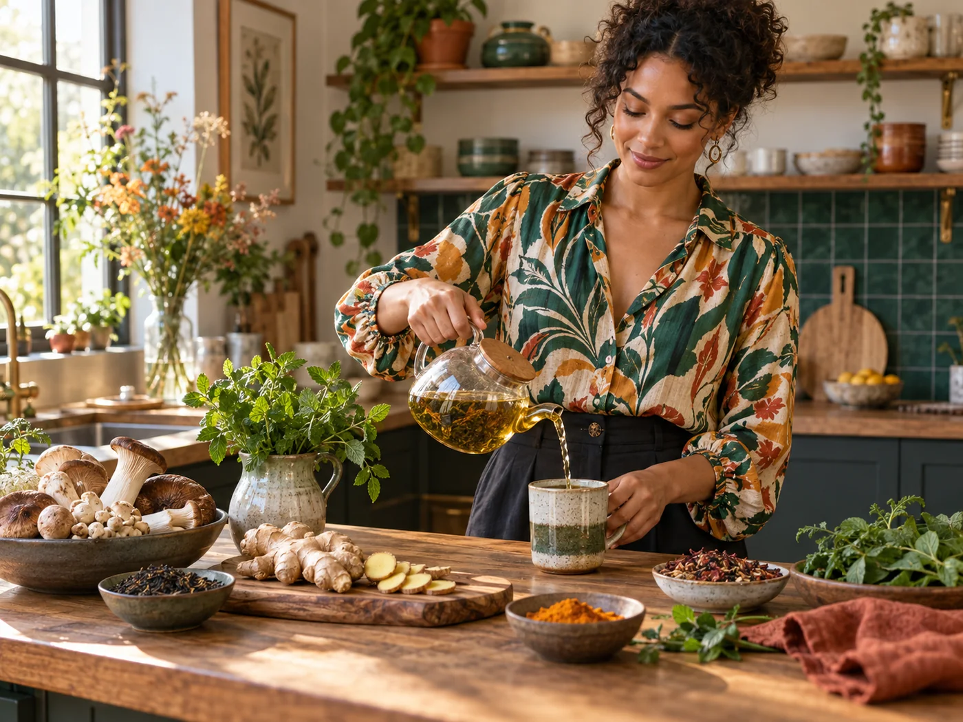 Stylish adult preparing herbs and plant foods