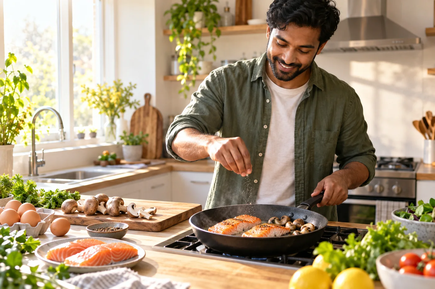 Vitamin D food sources in a colourful home setting