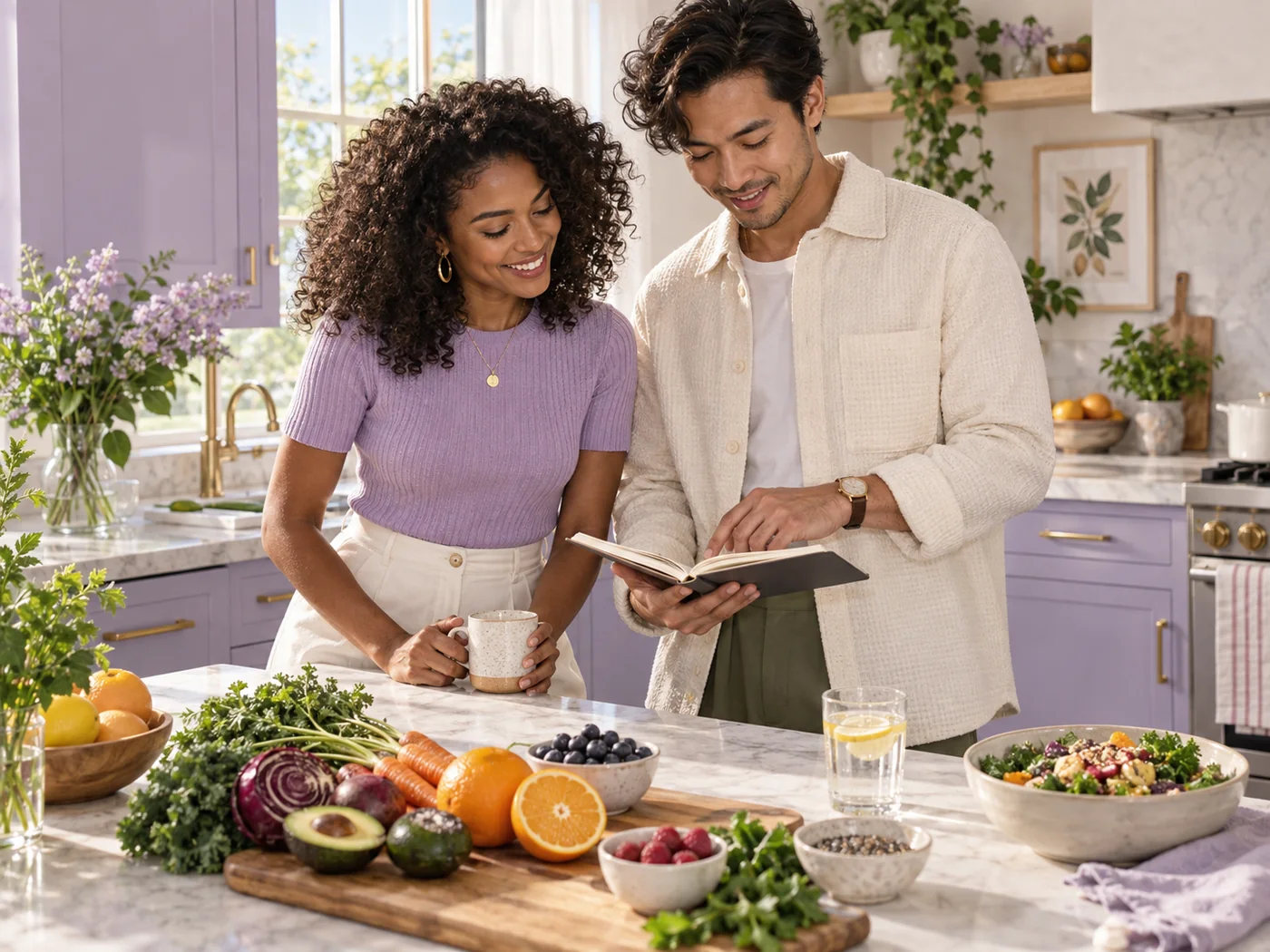 Stylish friends preparing colourful foods linked to vitamin A