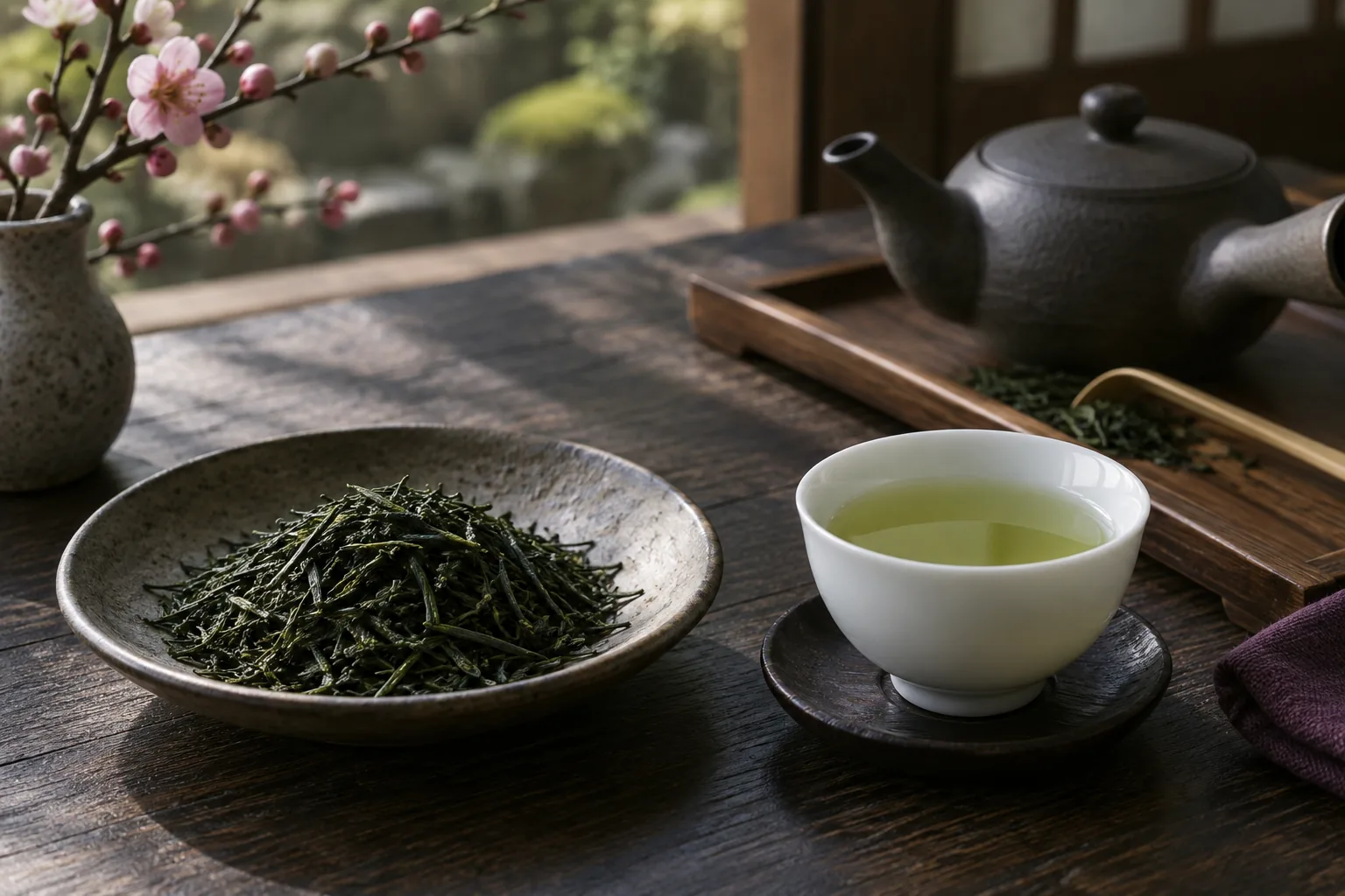 Rolled gunpowder green tea leaves and brewed tea